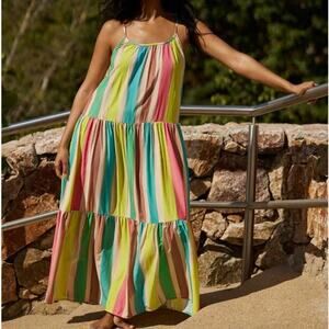 PQ SWIM Pomelo Aaron Striped Long Tiered Maxi Dress, Size M/L